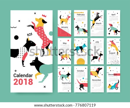 Template calendar 2017 with a dog in Memphis style. Dog symbol of Chinese New Year. 12 illustrations of birds with different geometric ornaments in the style of 80-90.