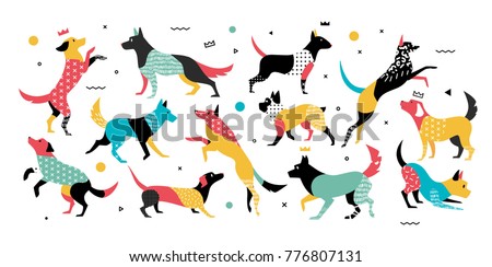 Set of dogs in pop art style. Dogs with geometric elements in style 90-x years, they can be used in the leaflet, banners, ads. The symbol of the dog in 2018.