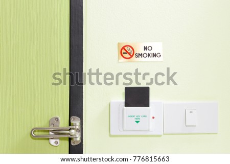 Metal door handle lock, No smoking , In room with key card open fire