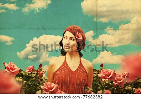 vintage collage with beauty young woman in roses, retro pattern