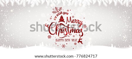 Christmas and New Year Typographical on shiny Xmas background with winter landscape with snowflakes, light, stars. Merry Christmas card. Vector Illustration