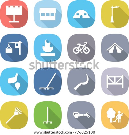 flat vector icon set - billboard vector, market, dome house, outdoor light, loading, flammable, bike, tent, golf, rake, sickle, farm fence, blower, garden cleaning