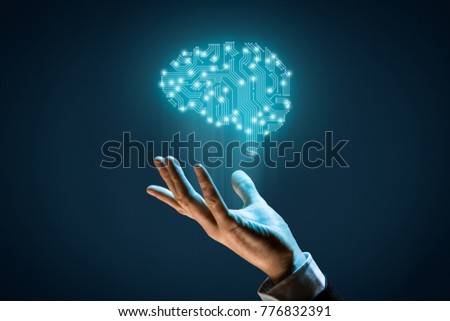 Brain with printed circuit board (PCB) design and businessman representing artificial intelligence (AI), data mining, machine and deep learning and another modern computer technologies concepts. Royalty-Free Stock Photo #776832391