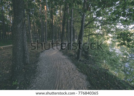 empty road in the countryside with trees in surrounding. perspective in summer. gravel surface in latvia - vintage film look