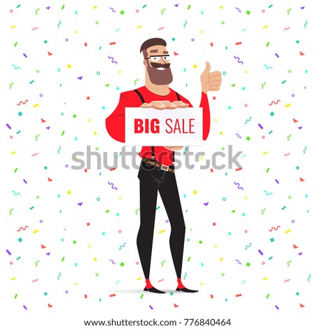 Businessman holding the banner sign with inscription "Big Sale" on it. Vector illustration.