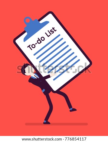 Heavy to-do list. Young busy manager holding a giant clipboard with long list of tasks needs to be completed, too many things to do at work. Vector business concept illustration, faceless characters
