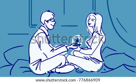 A Man and a Woman are Sitting Opposite Each Other on the Bed at Night. The Man is Holding a Snow Globe. Color Vector sketch.