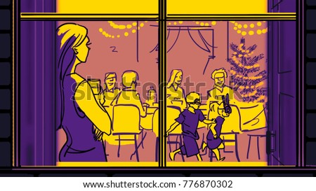 Christmas Holiday at Home. Happy Family at the Festive Dinner Table Outside the Window. New Year Celebration. Color sketch.