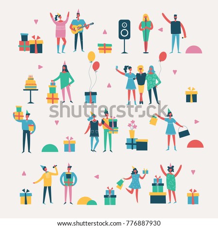 Vector illustration in a flat style of group of happy dancing, singing and birthday party people