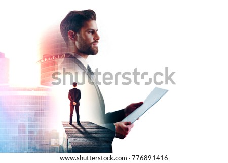 Side view of handsome young businessman with document in hand standing on abstract white city background with copy space. Research and future concept. Double exposure 