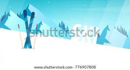 Winter Sport. Ski and Snowboard. Mountain landscape. Sportsman ski slope down. Vector illustration Royalty-Free Stock Photo #776907808