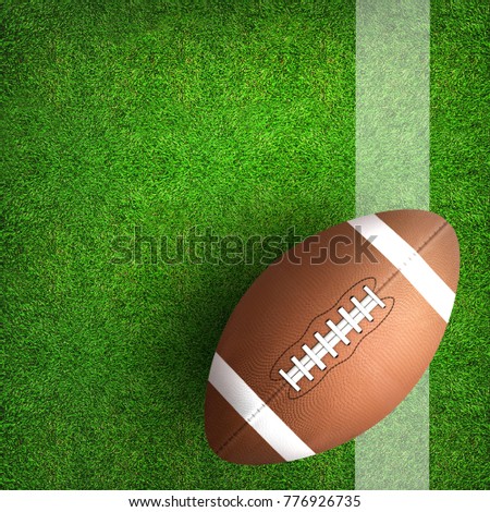 American football ball on grass field background. Football ball 3D illustration.