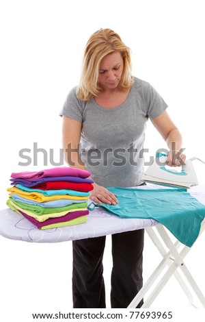 housewife is doing the ironing over white background