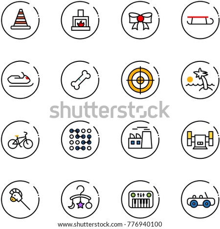 line vector icon set - road cone vector, fireplace, bow, sleigh, snowmobile, broken bone, target, palm, bike, circuit, plant, sharpening, horse stick toy, baby carousel, piano, car