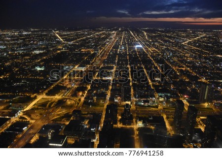 Chicago skyline aerial view at dusk 