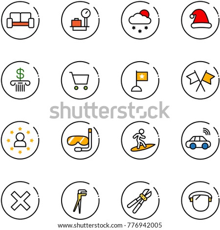 line vector icon set - vip waiting area vector, baggage scales, snowfall, christmas hat, bank, cart, flag, flags cross, star man, diving, surfing, car wireless, delete, plumber, bolt cutter