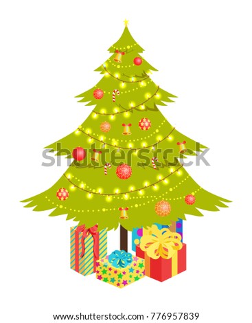 Christmas tree decorated with baubles and bells with ribbons, garlands and presents with wrapping on them, vector illustration isolated on white