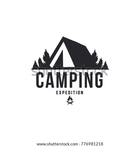 Forest camping logo emblem vector illustration. Outdoor adventure leisure, Camp tent silhouette shirt, print stamp. Vintage typography badge design.
