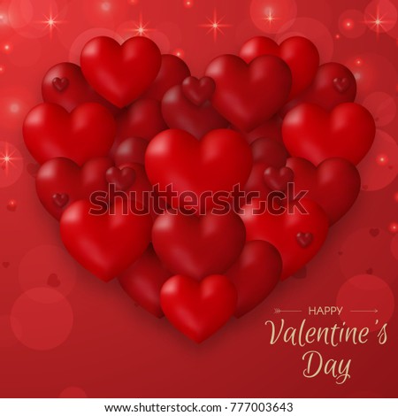 Festive Card for Happy Valentine's Day. Beautiful Background with Realistic Red  Hearts and Confetti. Vector Illustration.