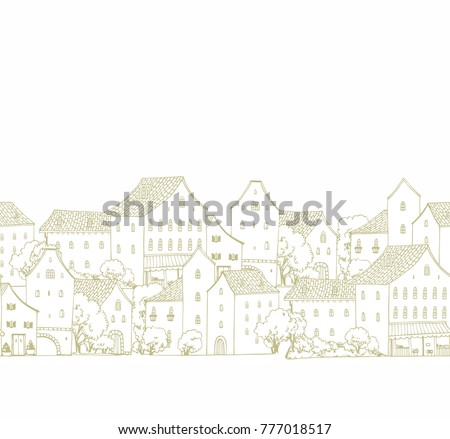 Seamless vector border pattern with houses on white background