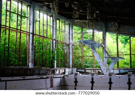 Azure Swimming Pool. Pripyat and the area surrounding the exclusion zone of Chernobyl 30 years after the nuclear disaster, Ukraine
