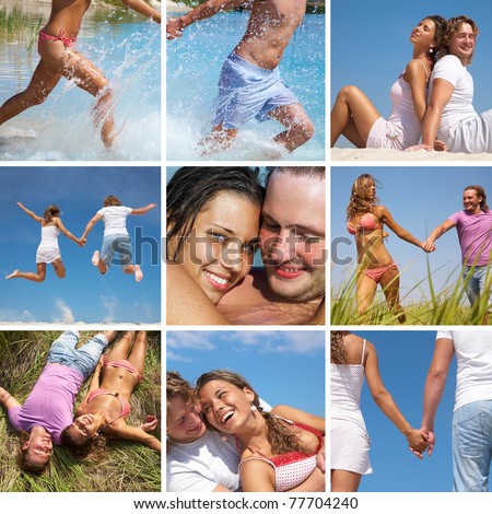 Collage of beautiful pictures about  Young happy young  couple at the beach