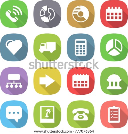 flat vector icon set - call vector, circle diagram, calendar, heart, truck, calculator, structure, right arrow, goverment house, sms, photo, phone, clipboard list