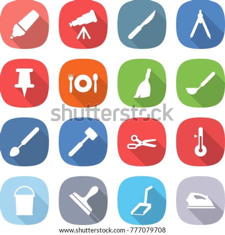 flat vector icon set - marker vector, telescope, scalpel, drawing compasses, pin, cafe, broom, ladle, big spoon, meat hammer, scissors, thermometer, bucket, scraper, scoop, iron