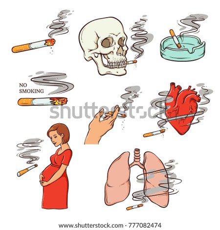 Dangers, risks of smoking for fetus, lungs and heart, hand holding cigarette, skull and ashtray set, hand drawn vector illustrations isolated on white background. Dangers , risk, harm of smoking set