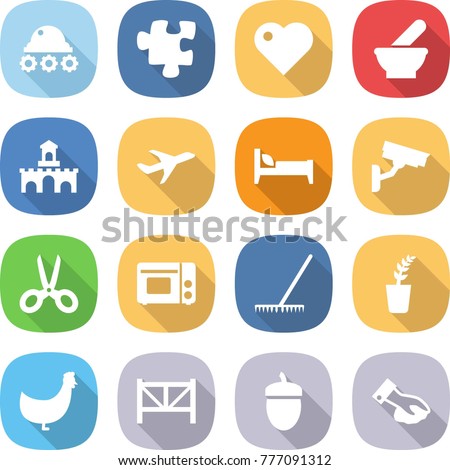 flat vector icon set - lunar rover vector, puzzle, heart, mortar, fort, plane, bed, surveillance camera, scissors, grill oven, rake, seedling, chicken, farm fence, acorn, wiping