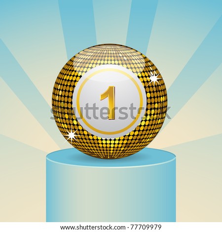 Winning bingo ball on a blue podium