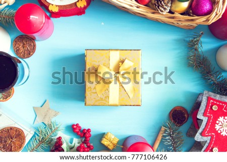 Christmas decoration on blue wooden board with copy space.