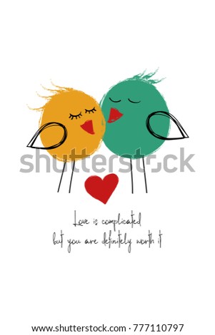 Love greeting card with cute couple of birds. Funny poster or card for birthday, save the day, wedding, Valentine's day, anniversary or just for sharing the feelings.