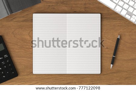 blank note book with office supplies on wood office desk. top view. Business and education concept.