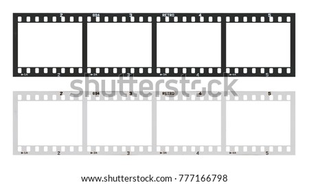 Film strip template with frames, empty developed black and white 135 type (35mm) in negative and positive isolated on white background with work path. Royalty-Free Stock Photo #777166798