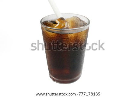 Glass of cola with ice cubes isolated on white background