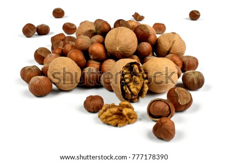ripe nuts in shell, hazelnuts and walnuts rossite on white background