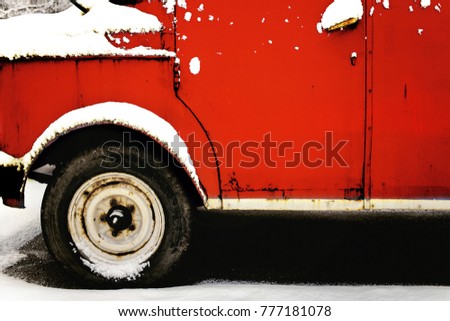 Old red car. Vintage background. Merry Christmas