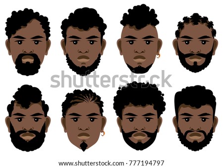 Set of black men's faces with different hairstyles, beards and mustache .  Vector illustration. Royalty-Free Stock Photo #777194797