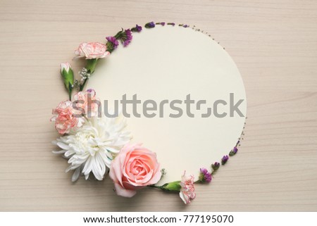 Flowers composition. Frame made of pink rose flowers on circle shape, top view