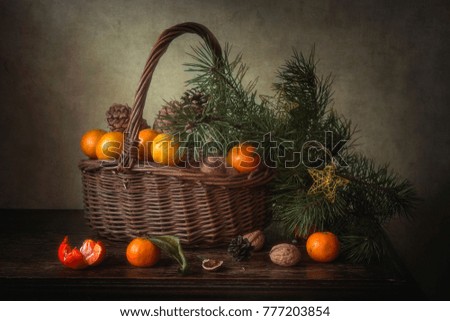 Still life with tangerines  and pine branches