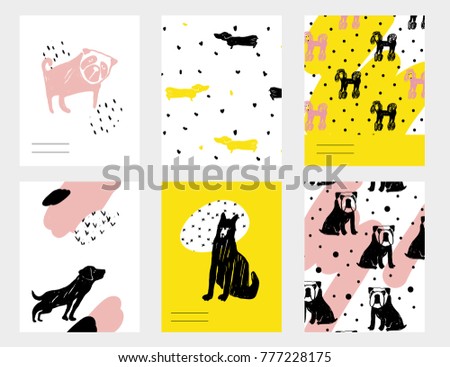 Vector contemporary card set with funny dogs. Hand drawn template with dachshund, pug, bulldog, shepherd, rottweiler for New Year, birthday, business, anniversary, wedding, party invitation, holidays.