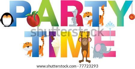 childrens fun alphabet letters spelling out party time on white background