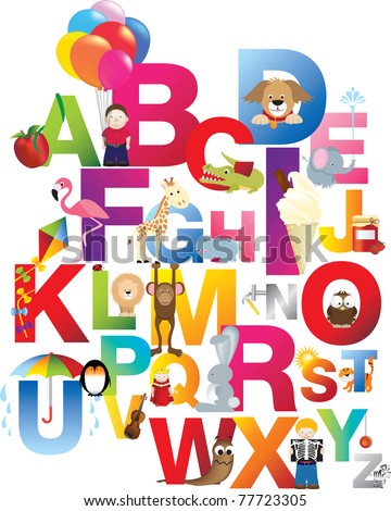 The complete childrens english alphabet spelt out with different fun cartoon animals and toys
