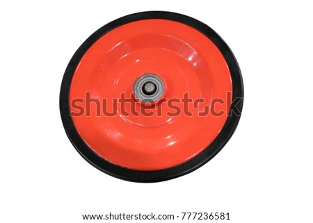 Red support roller. Detail. Isolated on white.