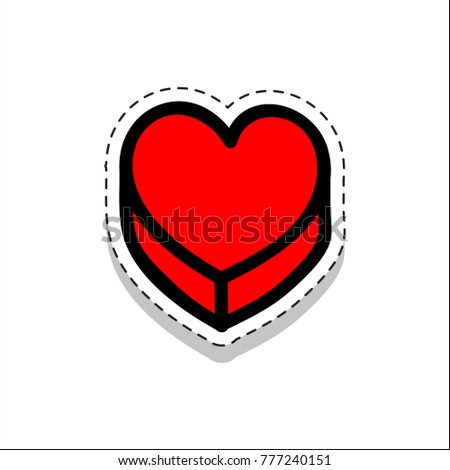 Box, gift, heart, love, present, doodle icon. Cartoon sticker in comics style with contour. Decoration for greeting cards, posters, patches, prints for clothes, emblems, sticker, icon, logo.
