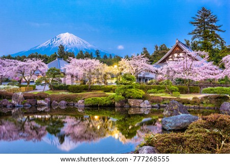 Fujinomiya, Shizuoka, Japan with Mt. Fuji and temples in spring season. Royalty-Free Stock Photo #777268555