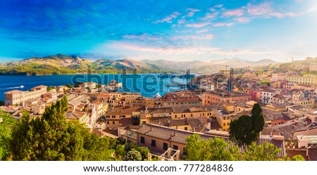 Old town and harbor Portoferraio, Elba island, Italy. Royalty-Free Stock Photo #777284836