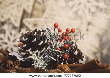 Christmas spirit with holidays decoration. Joyful and amazing Christmas and New year for all family. Decorative elements and space for text.