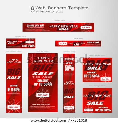 Web banners of Happy New Year Big Sale vector set of standard size on the red wave background.